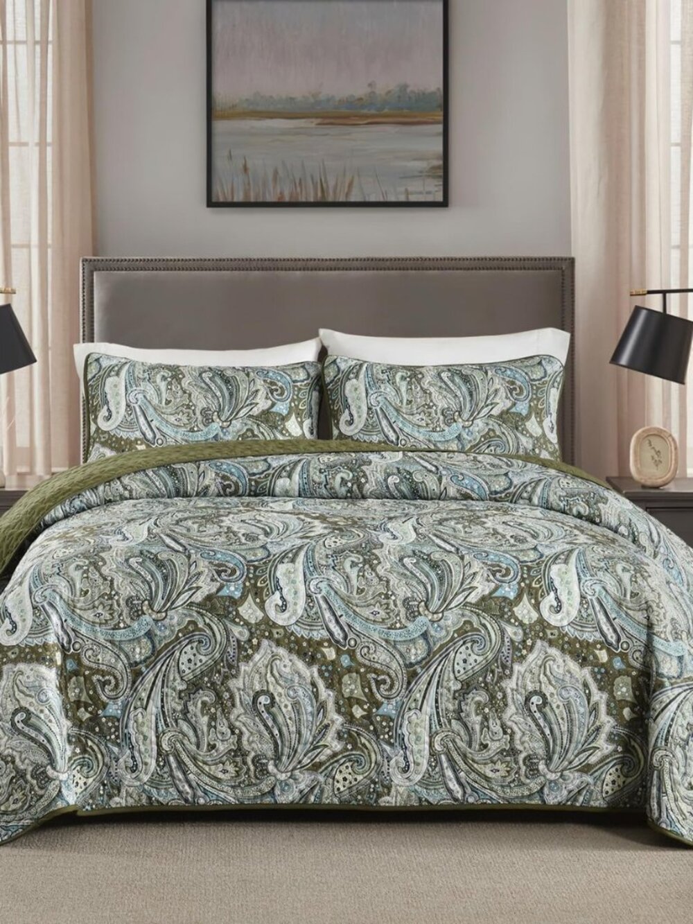 Green Paisley Quilt Set Queen Size Boho Bedspread Coverlet Set